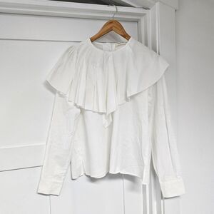 Renata Brenha Asymmetrical Gathered Pleated Collar Elegant Ruffled Blouse White
